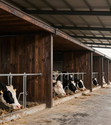 A professional architectural shot of a minimalist livestock breeding facility. The structures are clean and modern, using earthy dark brown materials. The lighting is calm and elegant, emphasizing precision and biosecurity.
