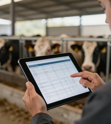 A close-up of a professional livestock breeder’s hands holding a digital tablet with data charts, with a blurred background of a clean, structured farm. The lighting is calm and professional.