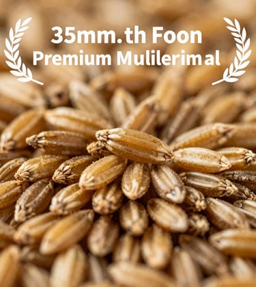 A macro photograph of high-quality, organic livestock feed grains. The image has a golden warm tone, shallow depth of field, and crisp focus, representing premium nutritional management.
