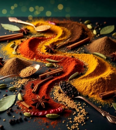 épices colorées en tas et en routes sinueuses en poudre et entières rouge et jaune