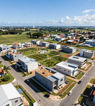 Professional aerial photography of a modern residential allotment under construction in Formosa, Brazil. The image shows organized street layouts, paved roads, and green preservation areas under a bright South American sun. The style is clean and reflects a premium investment opportunity.