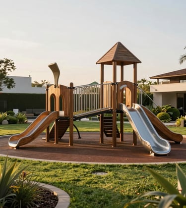 Photography of a high-end South American family leisure area featuring a contemporary playground with wood and metal elements, surrounded by manicured green lawns and professional landscaping. Soft afternoon sunlight creates a warm, inviting, and trustworthy atmosphere.