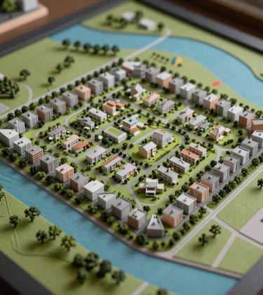A close-up shot of a modern 3D map or physical model showing the master plan of a Brazilian residential allotment, emphasizing green areas and proximity to the water.