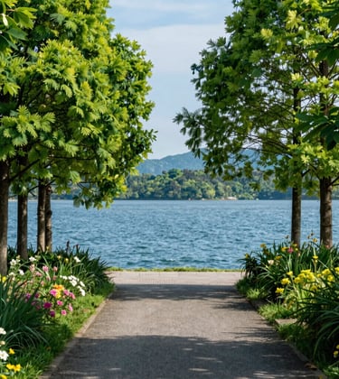 Ground-level photography of the stunning natural scenery in Formosa, GO. A path leads towards the blue waters of the lake, bordered by vibrant green trees and local flowers. The composition is balanced and elegant, highlighting the serene lifestyle of the region.