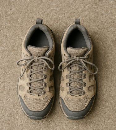 A pair of walking shoes on a stone platform