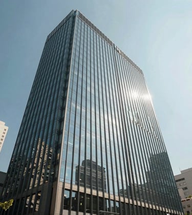 A commercial real estate building with glass facade in a business district, sleek Latin American architecture, shot during the day with bright, clear lighting.