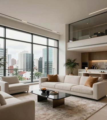 A high-end modern apartment interior in a Latin American city center, showing a spacious living room with floor-to-ceiling windows, designer furniture in shades of off-white and tan, and a sophisticated atmosphere.