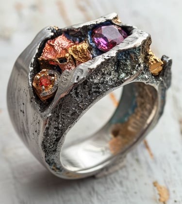 Brutalist Jewelry Bold Statement Necklaces Earrings : Textured Brutalist Ring with Colorful Stones