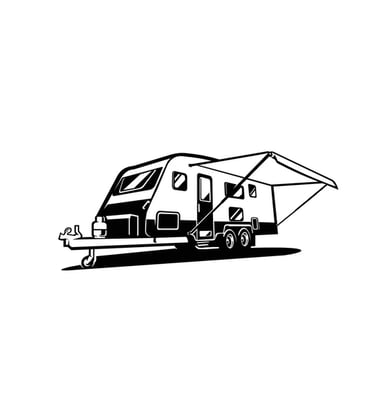 Illustration noir et blanc d’une caravane avec auvent déployé, vue de profil.