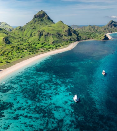 Aerial view of a Komodo Island in Indonesia, showing turquoise waters, rugged coastline, and lush gr