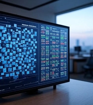 view from modern office with monitor displaying a complex visual