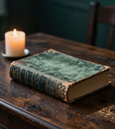 A dramatic close-up of a weathered, antique book resting on a dark oak table next to a single glowing candle. The candle light creates long shadows and highlights the rich textures of the library, utilizing the deep greens of #1C2826 and muted sage of #8FA39F.
