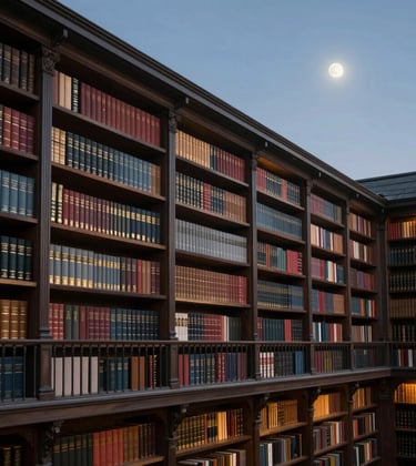 A majestic view of a grand library's high balcony at dusk. Moonbeams illuminate the gilded spines of classic novels. The atmosphere is quiet, timeless, and inspiring, featuring the palette of #4A5F5C and #8FA39F.