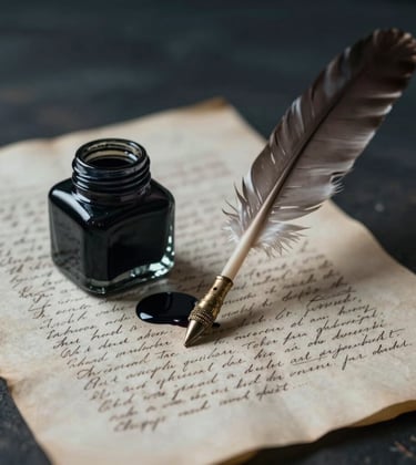 A sophisticated still life of a spilled inkwell and a feathered quill resting on a handwritten manuscript. The paper is aged #E8E8E4 and the scene is lit with moody side-lighting, reflecting themes of drama and authorship with deep #1C2826 tones.