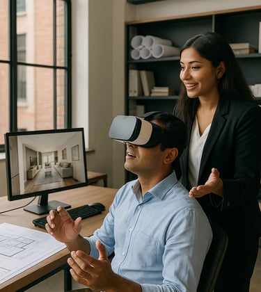 A man wearing a VR headset viewing a concept, woman architect is explaining the design