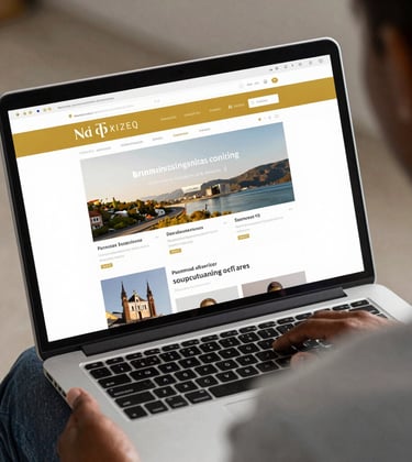 A close-up of a modern laptop screen showing a sophisticated website layout with gold accents, held by a professional in a Afrique Centrale / Congolais business attire, soft lighting, sharp focus.