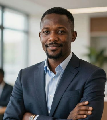 A portrait of a confident, professional consultant in a bright Afrique Centrale / Congolais corporate setting, looking towards the camera with a subtle, friendly smile.