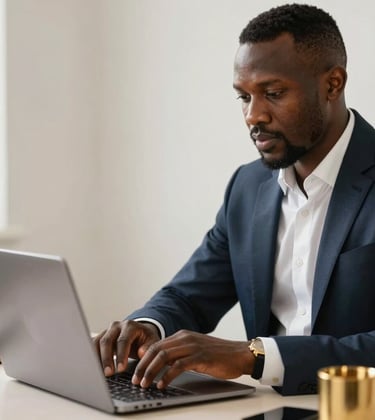 Close-up of a professional in Afrique Centrale / Congolais business attire working on a sleek laptop in a modern office with off-white walls and gold desk accessories.