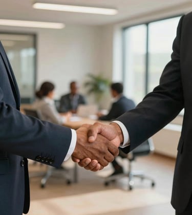 A professional handshake between two business partners in a Afrique Centrale / Congolais setting, blurred background of a modern office, warm natural lighting.