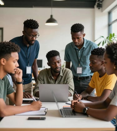 A group of young professionals collaborating around a table in a Afrique Centrale / Congolais coworking space, vibrant colors, natural daylight.