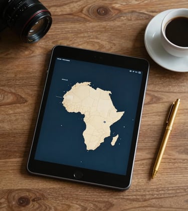 A top-down view of a designer's desk in Brazzaville, Afrique Centrale / Congolais, with a professional tablet, a cup of coffee, and clean gold-colored stationery.