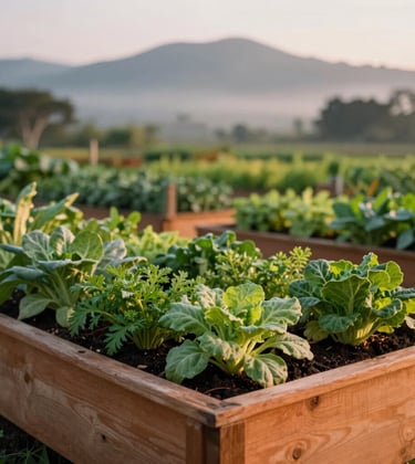 A close-up photograph of a vibrant organic vegetable and herb garden at a sanctuary farm in Lucban. Raised wooden garden beds in warm ochre tones hold fresh green herbs under a soft, natural morning sky. A Southeast Asian / Filipino backdrop with misty foothills in the distance, conveying authentic connection with nature.