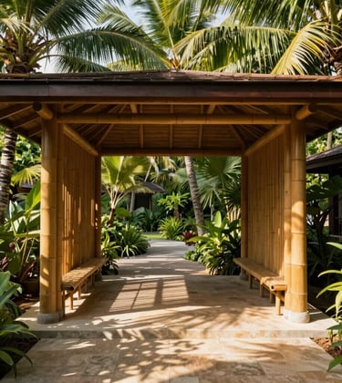 A beautifully framed photo of an open-concept bamboo pavilion with warm ochre poles and clean modern lines, situated within a lush tropical garden in Quezon Province. Sunlight filters through the green leaves of coconut trees, casting delicate shadows on a warm linen stone floor. Serene and natural sanctuary atmosphere.