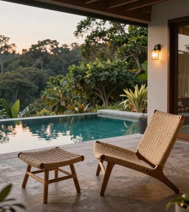 An inviting cozy veranda of a premium eco-cabin, featuring woven modern chairs made of natural fibers in Quezon Province. The background showcases a serene natural pool reflecting the light sage and medium green foliage. Warm and welcoming evening glow.