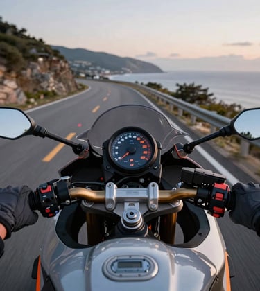 First-person point-of-view (POV) shot from the rider's perspective on a sport bike. Hands in charcoal grey gloves are on the handlebars with burnt orange details. The speedometer shows a blur of speed as the bike heads down a scenic Global / International coastal road at twilight.