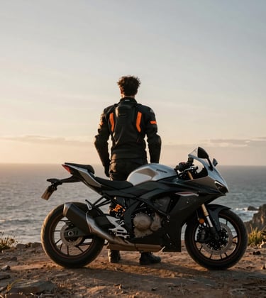 A lifestyle shot of a traveler standing by a sport bike on a coastal cliff in a Global / International setting at sunset. The person is looking out at the ocean, wearing high-quality riding gear with burnt orange accents. The lighting is cinematic, highlighting the silhouette against an off-white and charcoal grey sky.