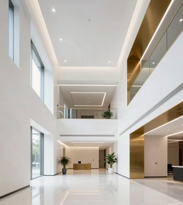 A high-key photograph of a modern financial office lobby in a US metropolitan area. Bright crisp white walls, electric gold accents, and a clean architectural perspective that suggests stability and growth.