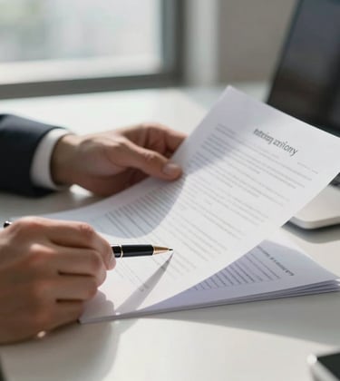 A focused close-up of a North American professional's hands reviewing financial documents on a clean, modern desk. Soft morning light from a nearby office window illuminates crisp white paper and a high-end pen, emphasizing precision and detail.