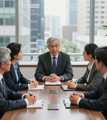 A professional setting in a US financial hub. A diverse group of business leaders is engaged in a strategic meeting around a polished table, conveying authority and sophisticated collaboration.