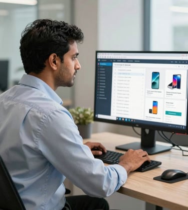 A professional South Asian man in a smart-casual shirt working in a bright, modern Indian office space. He is looking at a dual-monitor setup displaying complex e-commerce listing dashboards with high-quality product photography. The scene conveys expertise and professional management.
