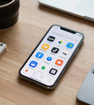A professional shot of a smartphone displaying various marketplace app icons like Amazon and Flipkart on a clean wooden desk, surrounded by business accessories in an Indian office.