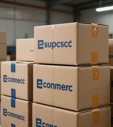 A crisp, professional photograph focusing on several neatly stacked cardboard shipping boxes with blue and orange tape, signifying successful e-commerce fulfillment in an Indian logistics center. The background shows a clean, organized warehouse environment with soft, industrial lighting.