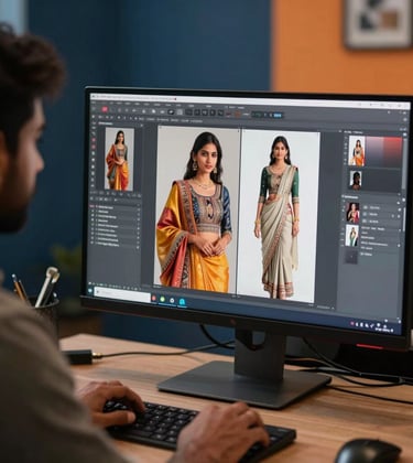 Close-up of a professional Indian designer at a workstation editing high-quality product images on a large monitor, professional lighting, creative office setting with dark blue and orange elements.
