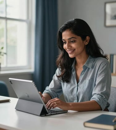 A high-quality lifestyle shot of a South Asian woman entrepreneur in an elegant home office in Mumbai, smiling as she views her flourishing e-commerce shop on a tablet. The room is decorated in soft gray and dark blue tones with plenty of natural light coming through the window.