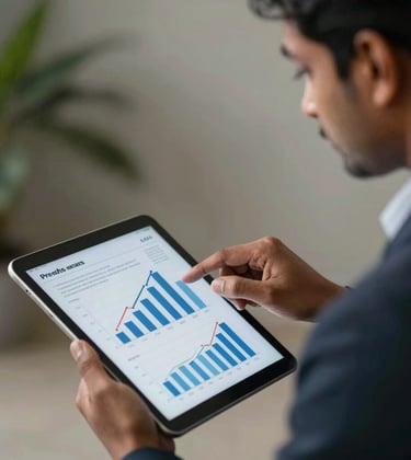 Clean and professional photo of an Indian business professional analyzing sales charts on a tablet, symbolizing data-driven marketplace management and growth strategies.