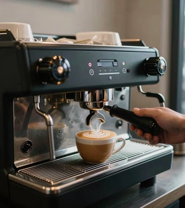 A sleek, industrial espresso bar in a North American / Urban setting. The machine is matte black with gold accents. Steam rises as a barista pours intricate latte art. The lighting is cinematic and focused, utilizing a steel blue and off-white palette.
