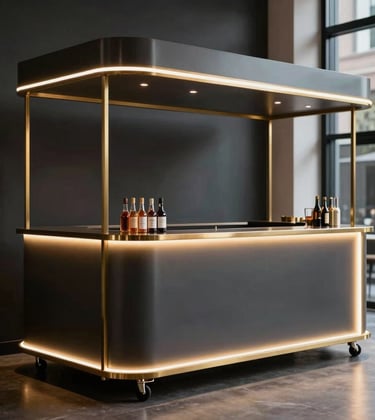 A sleek, modular mobile bar with minimalist LED branding positioned in a luxury North American / Urban event space. The bar has a matte charcoal finish. Warm gold lighting highlights the clean architectural lines of the setup.