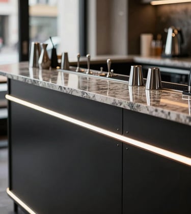 Close-up of a modular luxury mobile bar in a North American urban venue, featuring sleek matte black panels and glowing silver LED accents. Professional bar tools are arranged on a polished slate countertop in a high-end tech-startup style.