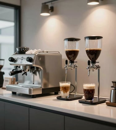 Minimalist premium coffee bar station in a North American urban office setting. Brushed silver espresso machine and cold brew taps, with high-end glass carafes and artisanal coffee drinks, illuminated by focused warm spotlights.