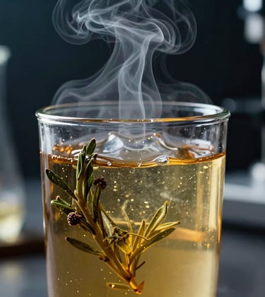 Extreme close-up of a molecular cocktail being prepared in a North American / Urban setting. A clear glass contains a vibrant gold liquid with botanical elements and a delicate puff of white smoke. Dark, cinematic lab background with steel blue tones.