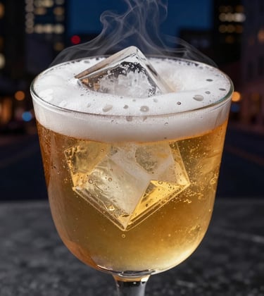 Macro photography of a signature molecular cocktail with glowing gold liquid and custom geometric ice. A thin layer of white foam sits on top, with subtle smoke effects around the rim, set against a dark North American urban night background.