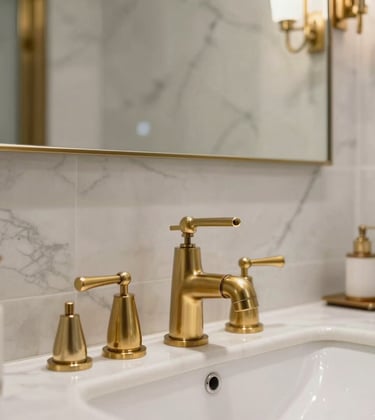 A chic, luxury bathroom featuring exquisite plumbing fixtures in brushed brass, pristine marble walls, soft lighting, and elegant details. European / Parisian French design.