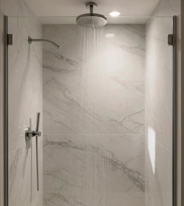 Photography of a modern walk-in shower with a minimalist rain showerhead and floor-to-ceiling marble tile. The lighting is soft and airy, capturing a serene spa atmosphere in a North American / US (Los Angeles, California) residence.