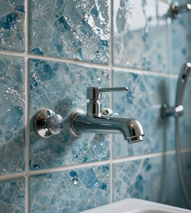 Close-up architectural photography of premium bathroom fixtures and textured aqua blue tiles. The lighting creates a tranquil, shimmering effect, showcasing high-end materials and expert craftsmanship in a North American / US (Los Angeles, California) setting.