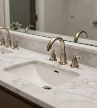 A high-end bathroom vanity with a smooth marble countertop, twin ceramic sinks, and elegant brushed metal faucets. The scene is bright and sophisticated, representing luxury interior design in a North American / US (Los Angeles, California) residence.