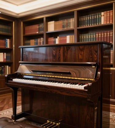 An elegant upright piano in a high-end residential library with dark wood paneling and gold accents, professional interior photography, warm ambient lighting, Global / Luxury Market.